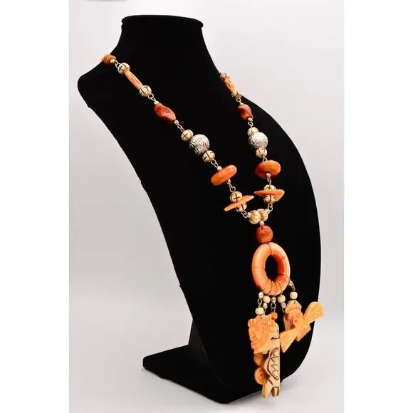 Vintage Carved Laminated Wood Statement Necklace Whimsical Made in India Bin3A